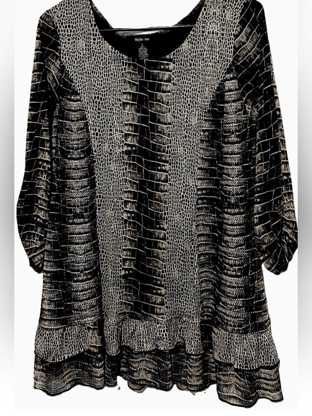 Style & Co. Top L Stretch Knit Animal Print Nylon Flounce Hem Tunic Shirt Blouse